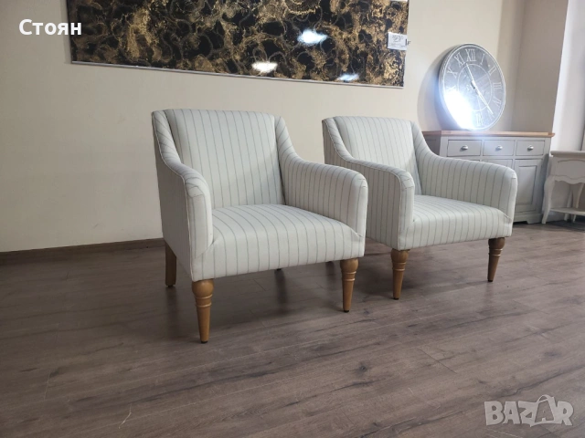 Два броя кремави фотьойли от плат на райета, снимка 4 - Дивани и мека мебел - 53802746