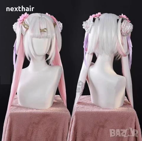 Висококачествена аниме перука бяло и розово с подвижни опашки, снимка 6 - Аксесоари за коса - 50567085