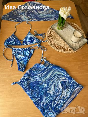 Нов син бански костюм комплект плажна пола кърпа глава сет  от четири части  , снимка 1 - Бански костюми - 46009100