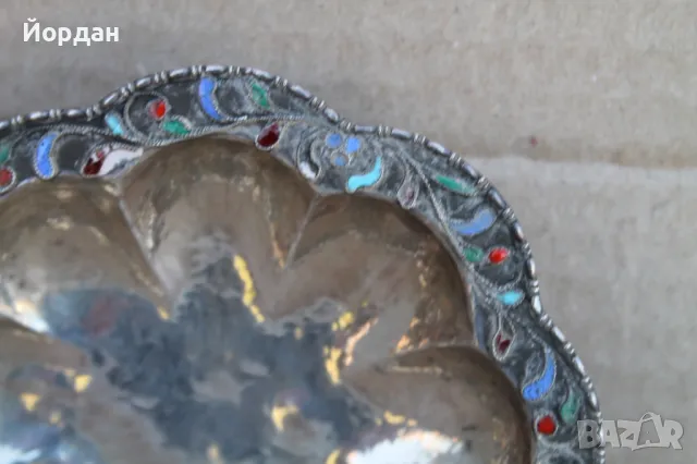 Сребърна чинийка/поднос с емайл, снимка 7 - Други ценни предмети - 50109428