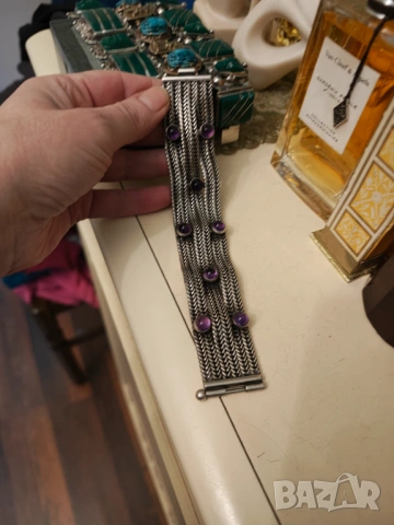 Стара сребърна гривна натурален аметист , снимка 5 - Гривни - 54030547