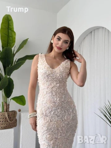 Елегантна дълга рокля,3D цветя, нежно екрю, снимка 7 - Рокли - 50614853