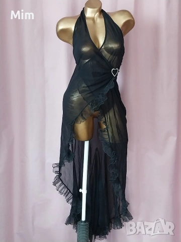 S Черен ефирен халат / нощница/ с къдри, снимка 4 - Нощници - 53730157