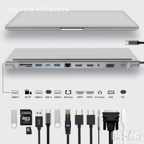 Мултипортов адаптер за USB C хъб 12 в 1, USB C докинг станция, снимка 1 - Друга електроника - 46639614