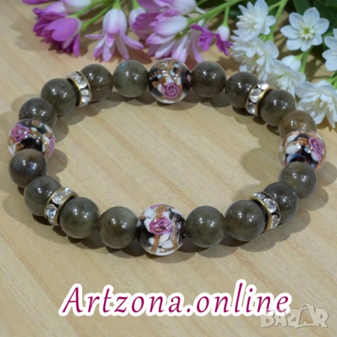 Гривна от Лабрадорит и рисувано стъкло 3330, снимка 2 - Гривни - 53173829