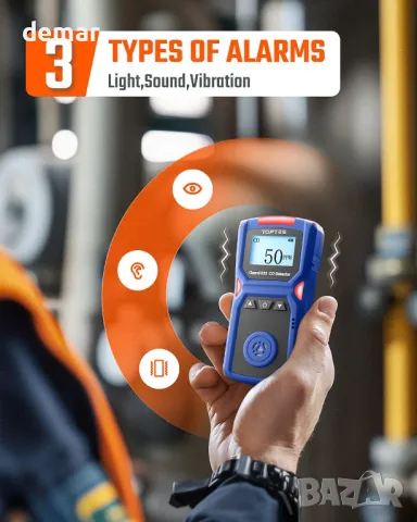 Преносим детектор за въглероден окис TopTes Guard-533, визуални, звукови и вибрационни аларми, снимка 2 - Други стоки за дома - 49334486