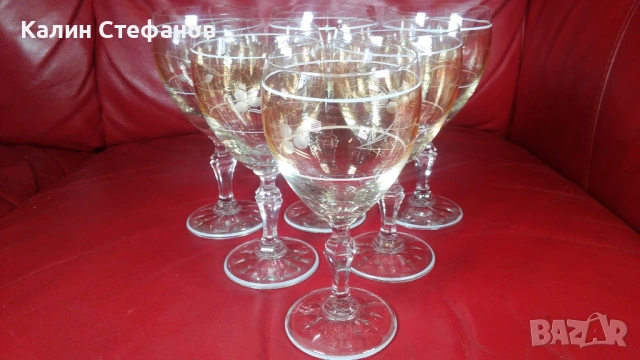 Ретро чаши за вино, калиево стъкло, ръчна гравюра – 6 бр, снимка 6 - Чаши - 54174077