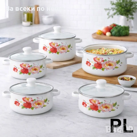 Промо пакет: 5 бели емайлирани тенджери със стъклени капаци + 5 стъклени купи с капак Код P1951, снимка 2 - Съдове за готвене - 53925835
