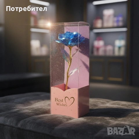 Декоративна цветна роза „Best Wishes“ със златно стъбло, снимка 2 - Подаръци за жени - 53411759