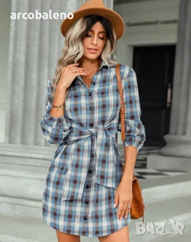 Едноредна модна дамска карирана рокля, 2цвята , снимка 10 - Рокли - 51883854