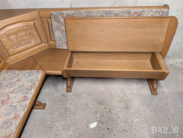 🪵🍷 Ъглова пейка от масивен дъб с лозаро-винарска дърворезба, снимка 8 - Дивани и мека мебел - 53974956