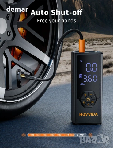 Преносим въздушен компресор за гуми HOVVIDA, 7800 mAh, 12V DC, 150 PSI, дебит 40л/мин, снимка 9 - Аксесоари и консумативи - 54048201