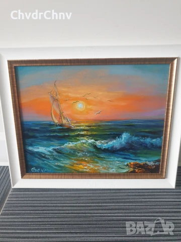 Димитър Генев 33x27см/малка българска картина масло върху платно/морски пейзаж/лодка-залез