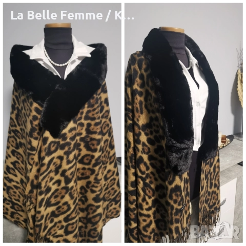 Кашмирен шал с яка от кожа - тип пончо, снимка 2 - Шалове - 52283403