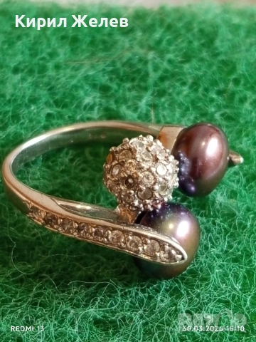 Изящен модерен сребърен пръстен с черни ПЕРЛИ и кристали стил и елегантност 54194, снимка 6 - Пръстени - 54027362