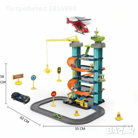 Голяма писта с паркинг, асансьор и кран със звук и светлина – 79 елемента, снимка 3 - Коли, камиони, мотори, писти - 48427615