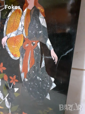 Уникална японска лакова картина пано с интарзия от седеф, снимка 4 - Антикварни и старинни предмети - 53347294