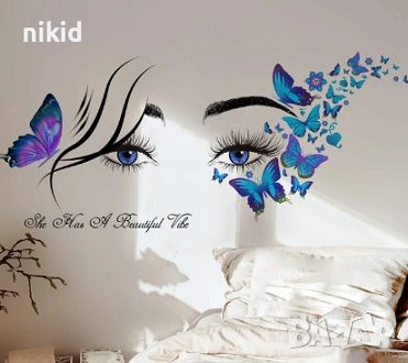 Дамско лице сини очи поглед пеперуди стикер лепенка декор за стена спалня стая гардероб самозалепващ, снимка 2 - Други - 46430884