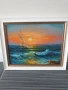 Димитър Генев 33x27см/малка българска картина масло върху платно/морски пейзаж/лодка-залез, снимка 1