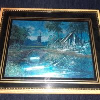 Красива картина 26х21см репродукция на пейзаж с река, мелница, мост и къща, снимка 1 - Картини - 45687233