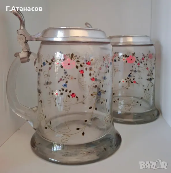 Старинни немски стъклени халби ръчно рисувани ръчно , снимка 1