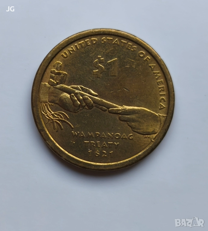 1 долар САЩ Индианката договорът Уампаноаг 1621 1 долар 2011 Американска монета , снимка 1