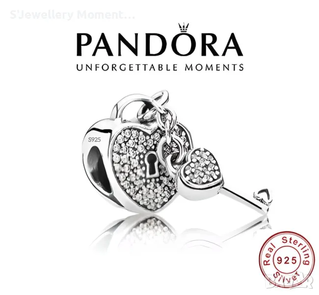 Сребърен елемент PANDORA 925 Pavé Padlock Heart & Key Charm , снимка 1