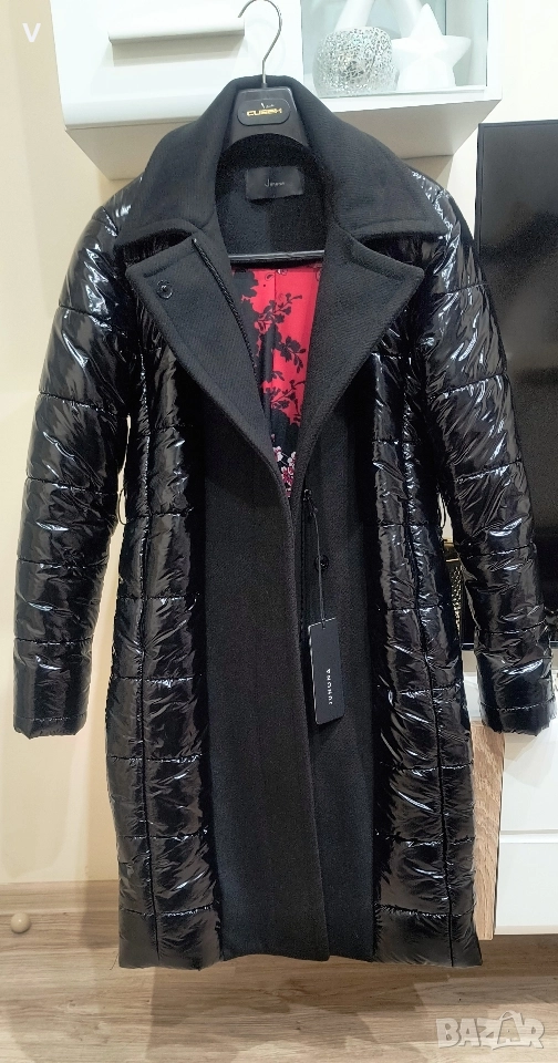 Ново дамско черно палто Junona Юнона манто яке кроп топ бюстие обувки ботуши, снимка 1