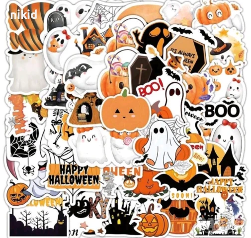 50 бр Тиква Хелоуин Halloween самозалепващи лепенки стикери за украса декор картонена торта и др