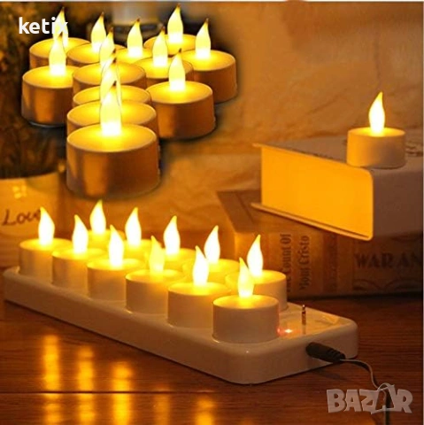 12 LED безпламъчни чаени свещи със зарядна станция, снимка 2 - Други - 53781874