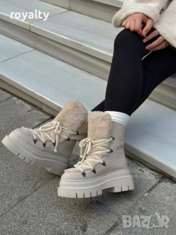 Боти на платформа - бежова кожа с бежов пух