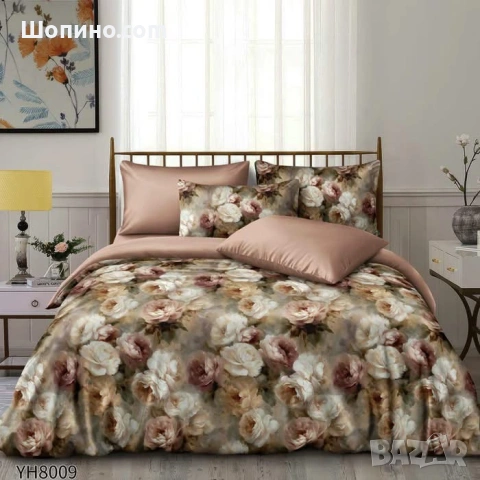 Флорални десени от памучен сатен с ластик, 4 части   4 части, двоен комплект С ЛАСТИК, снимка 10 - Спално бельо - 54068590