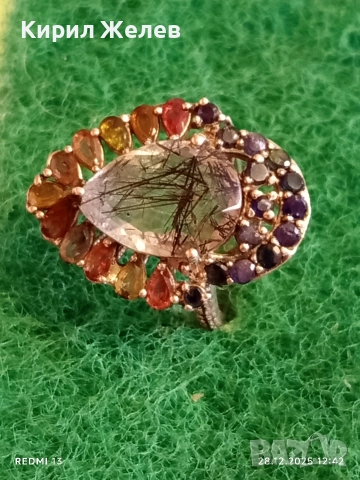 Артистичен сребърен пръстен с ТУРМАЛИНОВ КВАРЦ и многоцветни камъни 51822, снимка 2 - Пръстени - 52918747