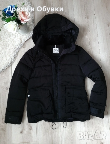 Черно зимно яке с качулка ZARA , снимка 8 - Якета - 52710163