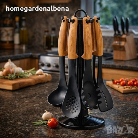 Комплект кухненски прибори Cheffinger 6 части въртяща се стойка дървесна визия