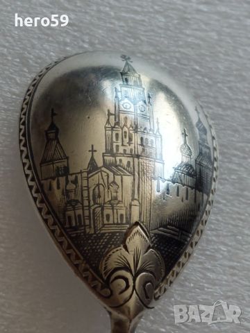 Царска Русия-сребро 84, колекционна лъжичка с ниело, снимка 3 - Антикварни и старинни предмети - 46276848