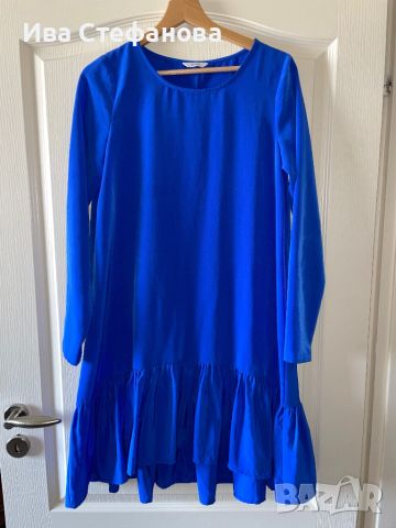 Разкошна къса синя ежедневно елегантна широка кройка рокля волани къдри , снимка 5 - Рокли - 46440026