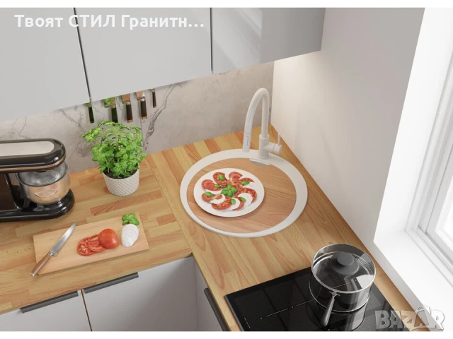 Бяла кръгла кухненска гранитна мивка Пиза 50 Top 530 x 530 мм, снимка 5 - Мивки - 51286320