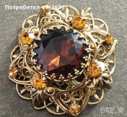 Винтидж чешка брошка с цитриново стъкло от 50-те, снимка 3 - Други - 53989021
