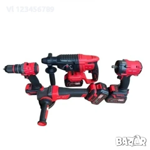 Комплект от акумулаторен перфоратор, ъглошлайф 125 мм, гайковерт и винтоверт 36V с 3 броя батерии 8A, снимка 2 - Триони и циркуляри - 53843604