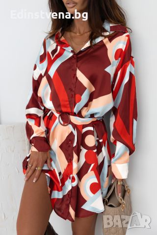 Дамска рокля тип риза, с абстрактен принт и колан, снимка 5 - Рокли - 45116671