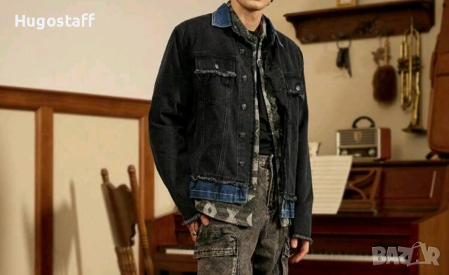 Ново мъжко дънково яке риза черно и синьо двойно деним памук XХЛ, снимка 6 - Якета - 53045684