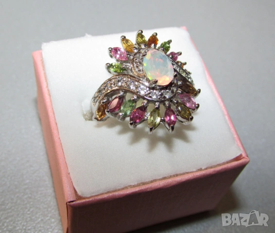 925 сребърен пръстен с огнен опал и турмалини, снимка 2 - Пръстени - 53871603