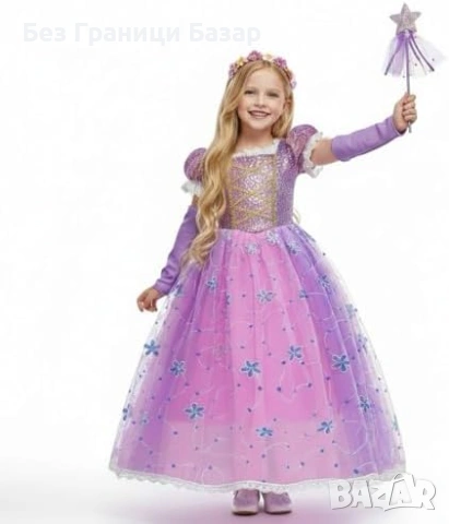 Нов Детски костюм принцеса 4 части рокля плитка диадема пръчица 7,8г, снимка 2 - Други - 53693236