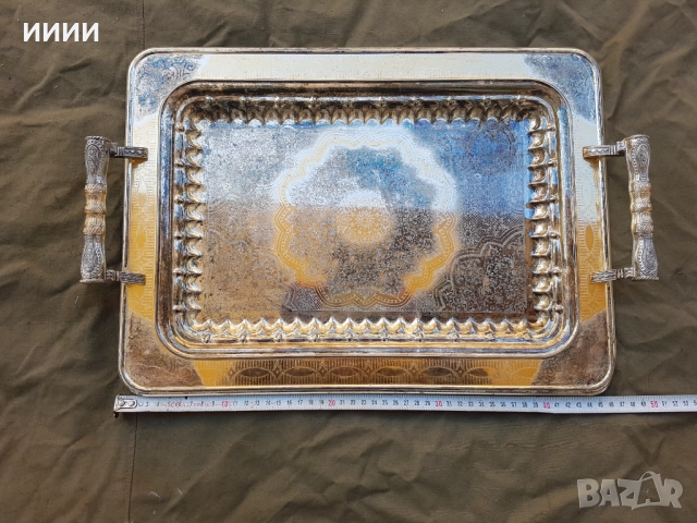 Голям посребрен и позлатен поднос, снимка 3 - Антикварни и старинни предмети - 52799582