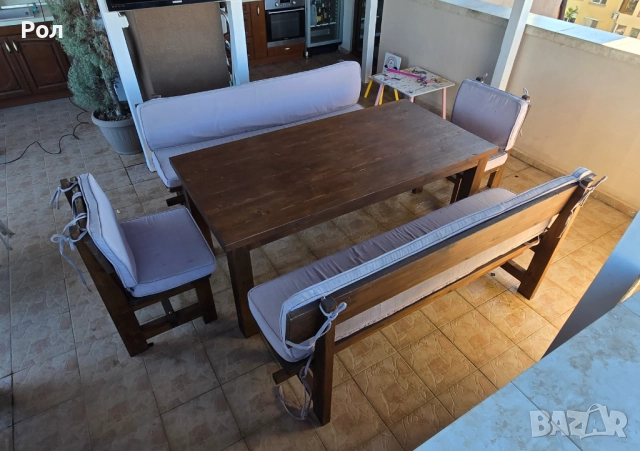 К-т дървена маса две пейки и два стола от БУК, снимка 7 - Градински мебели, декорация  - 51789258