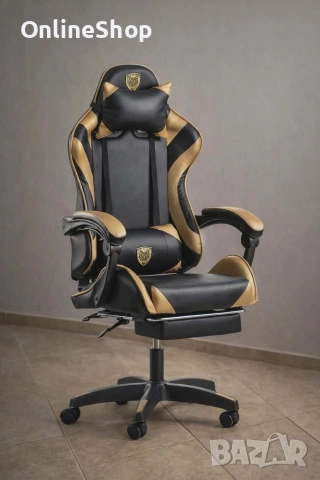Стилен геймърски стол с масажна възглавница в златисто -GOLD, снимка 7 - Геймърски - 53314544