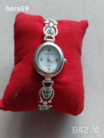 Дамски сребърен кварцов часовник, сребро 925 с изумруди 
