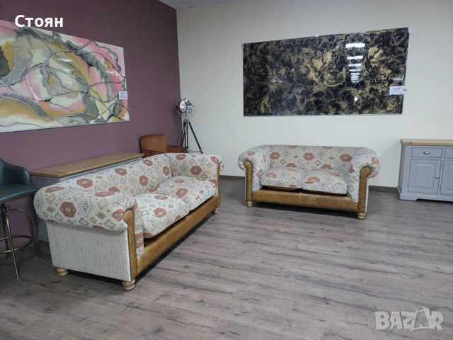 Комплект дивани тройка и двойка от плат и кожа тип Честърфийлд, снимка 8 - Дивани и мека мебел - 46474621