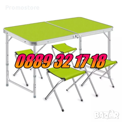 Сгъваема къмпинг маса с 4 стола 120х60 см, градинска маса 120х60 със столчета, зелена, снимка 2 - Градински мебели, декорация  - 51323174